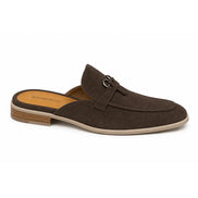 Side profile of the Maria Mule in dark brown suede on white background