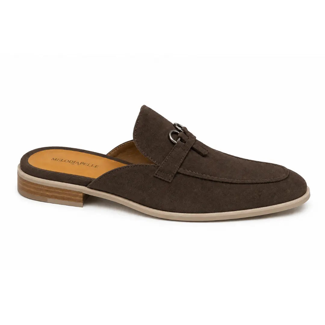 Side profile of the Maria Mule in dark brown suede on white background