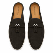 Melodiapelle Maria Mule in dark brown suede, pair top-down view, handcrafted in Agra