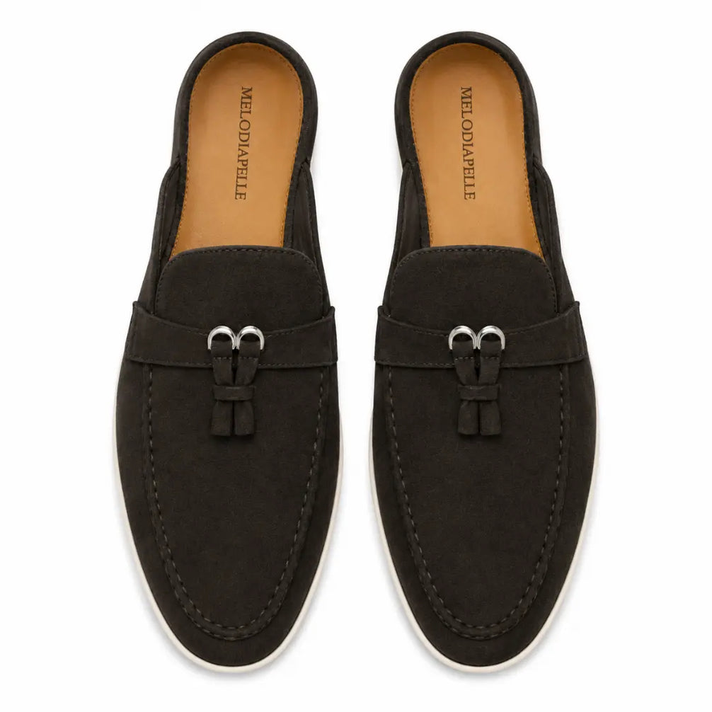 Melodiapelle Maria Mule in dark brown suede, pair top-down view, handcrafted in Agra