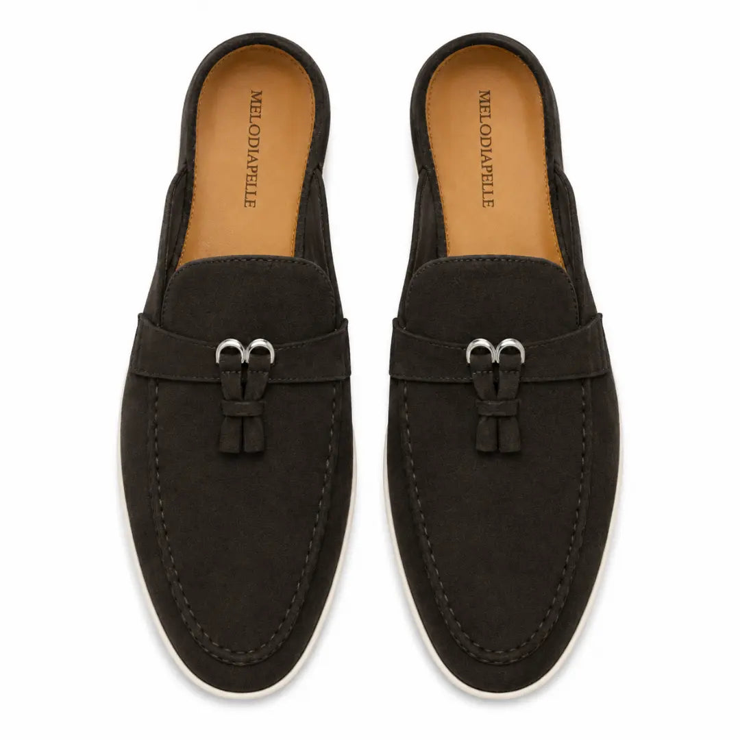 Melodiapelle Maria Mule in dark brown suede, pair top-down view, handcrafted in Agra
