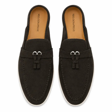 Melodiapelle Maria Mule in dark brown suede, pair top-down view, handcrafted in Agra