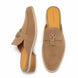 Sand beige suede bit-buckle mule loafer, three-quarter angle showing buckle and heel
