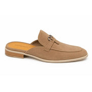 Side profile of the Maria Mule in sand beige suede on white background