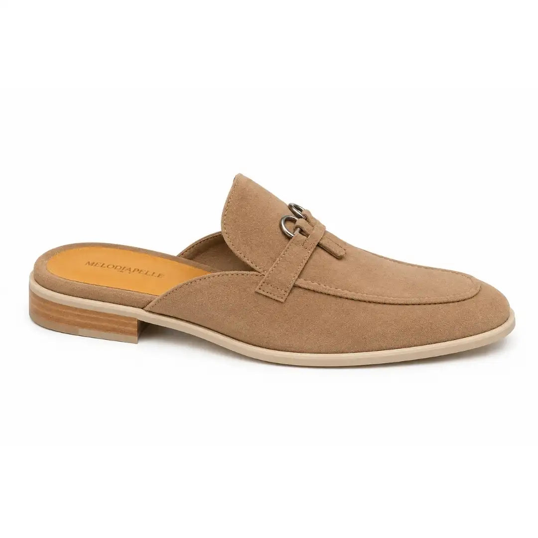 Side profile of the Maria Mule in sand beige suede on white background
