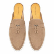 Melodiapelle Maria Mule in sand beige suede, pair top-down view, handcrafted in Agra