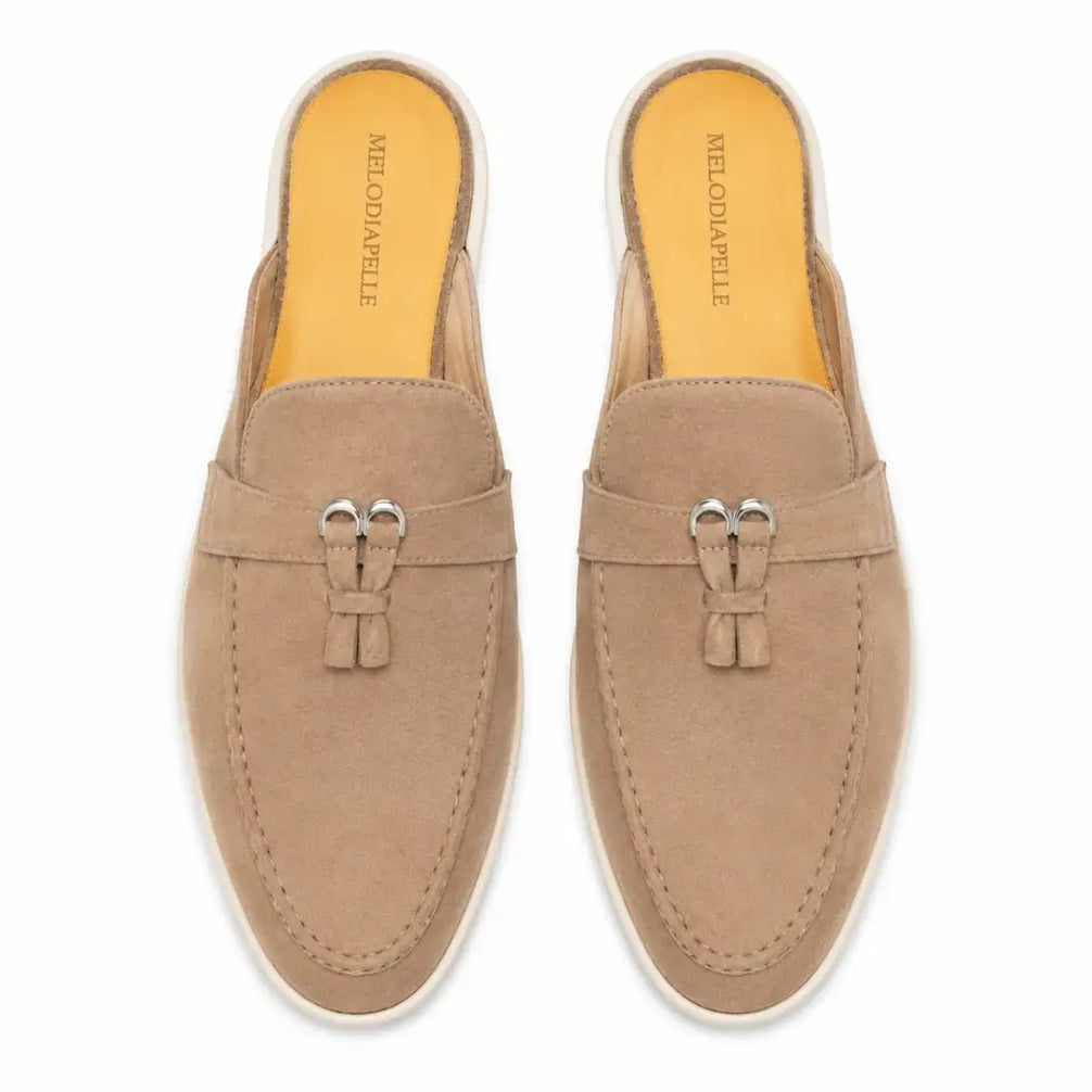 Melodiapelle Maria Mule in sand beige suede, pair top-down view, handcrafted in Agra