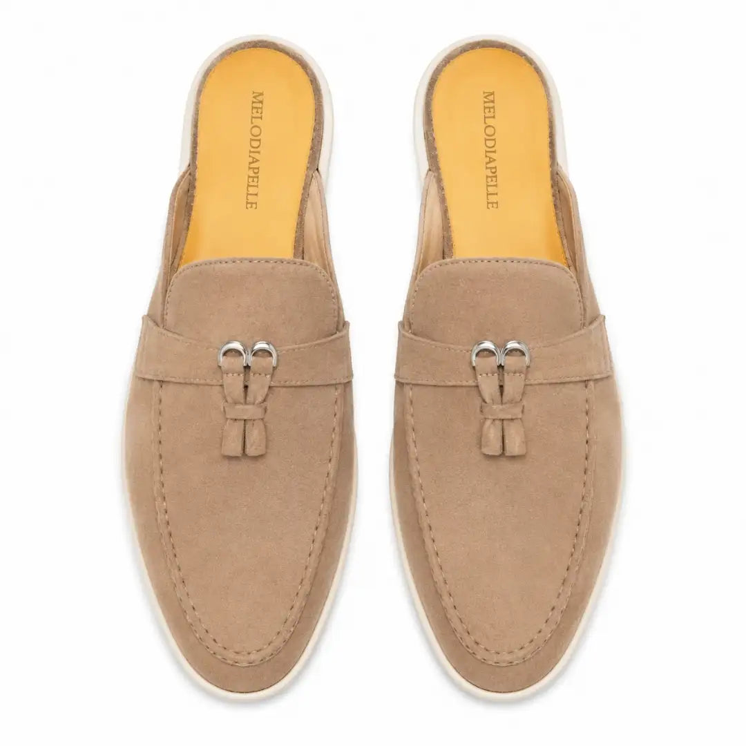 Melodiapelle Maria Mule in sand beige suede, pair top-down view, handcrafted in Agra