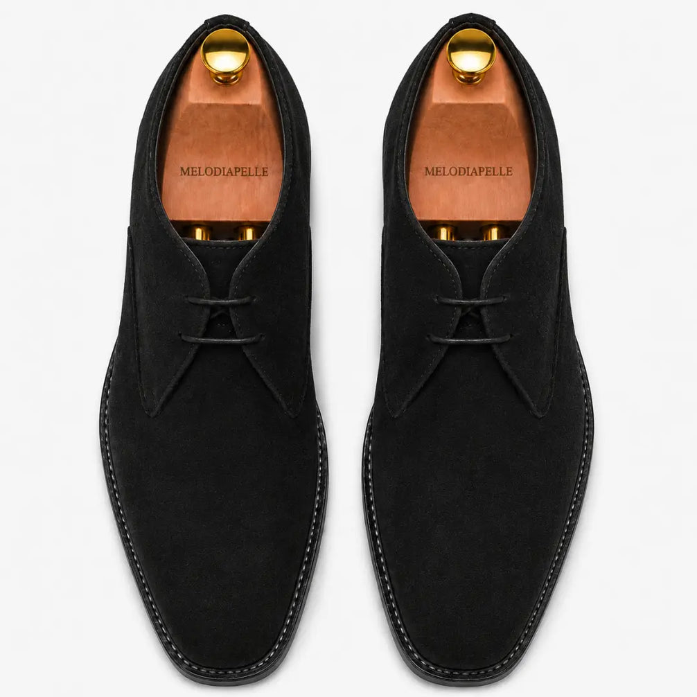 Melodiapelle Maringa Suede Chukka Boot in black suede, pair top-down view, handcrafted in Agra