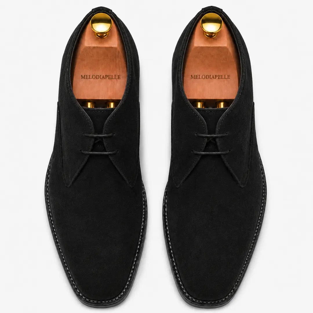 Melodiapelle Maringa Suede Chukka Boot in black suede, pair top-down view, handcrafted in Agra