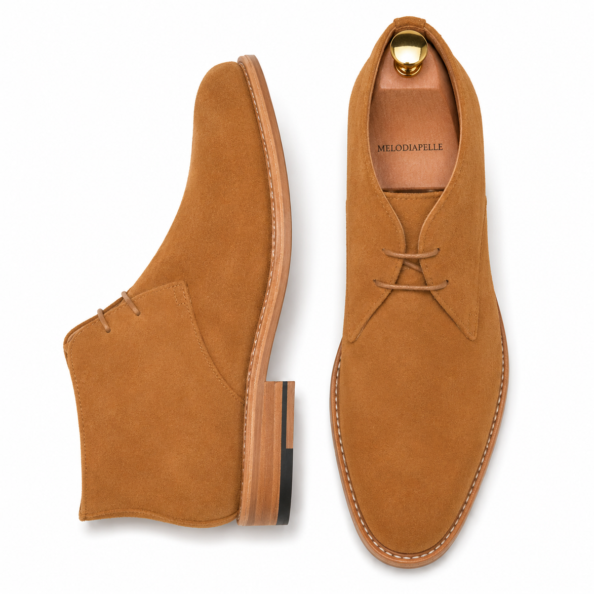 Camel suede chukka boot, three-quarter angle showing heel and sole detailing