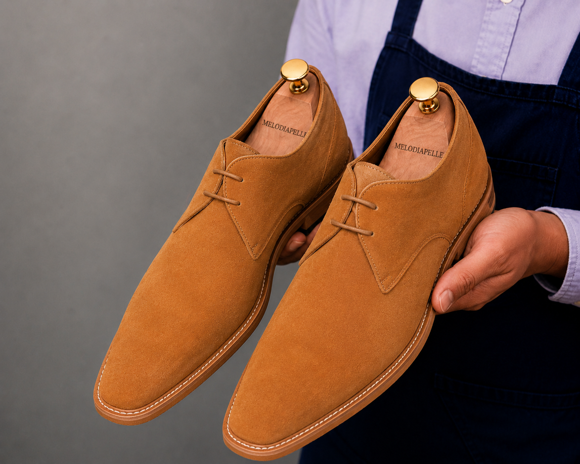 Man holding a pair of Melodiapelle Maringa Suede Chukka Boots in camel suede, close-up