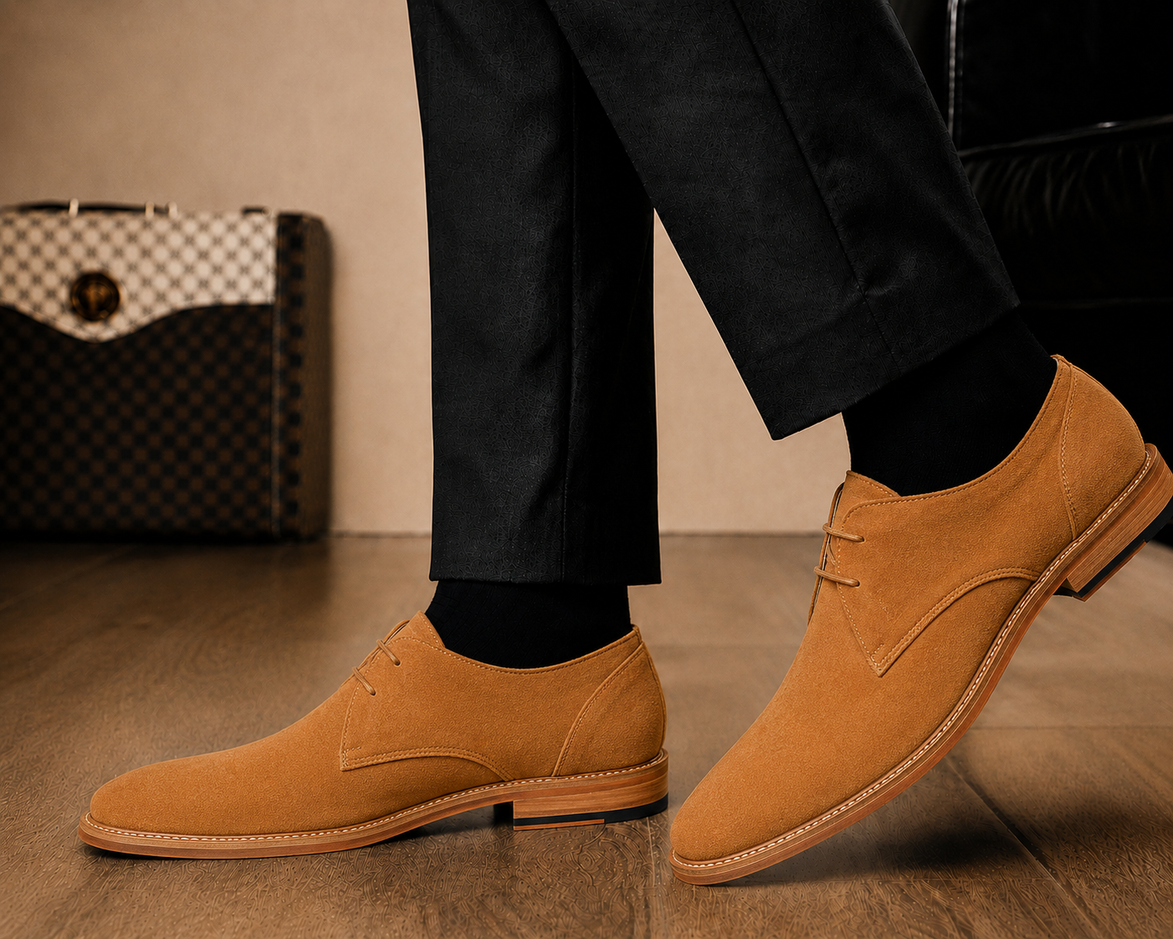 Melodiapelle Maringa Suede Chukka Boot in camel suede worn with trousers, on-feet shot