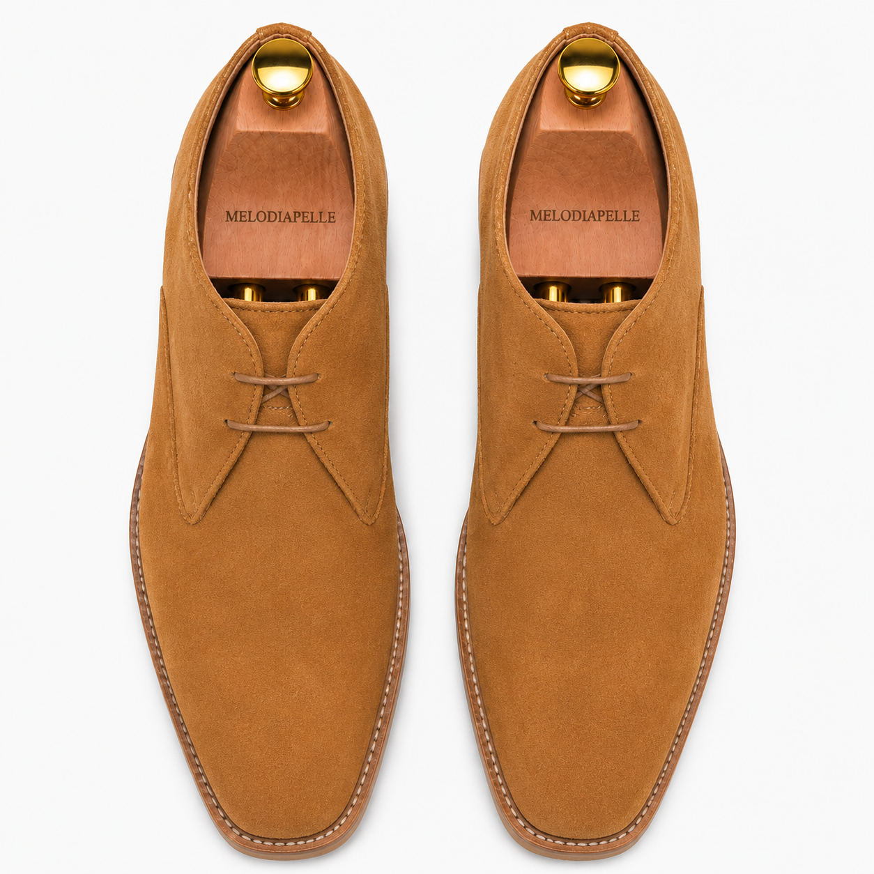 Melodiapelle Maringa Suede Chukka Boot in camel suede, pair top-down view, handcrafted in Agra