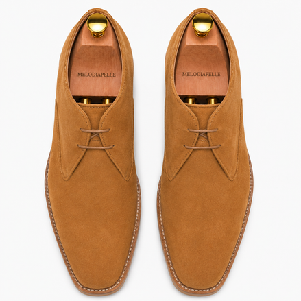 Melodiapelle Maringa Suede Chukka Boot in camel suede, pair top-down view, handcrafted in Agra