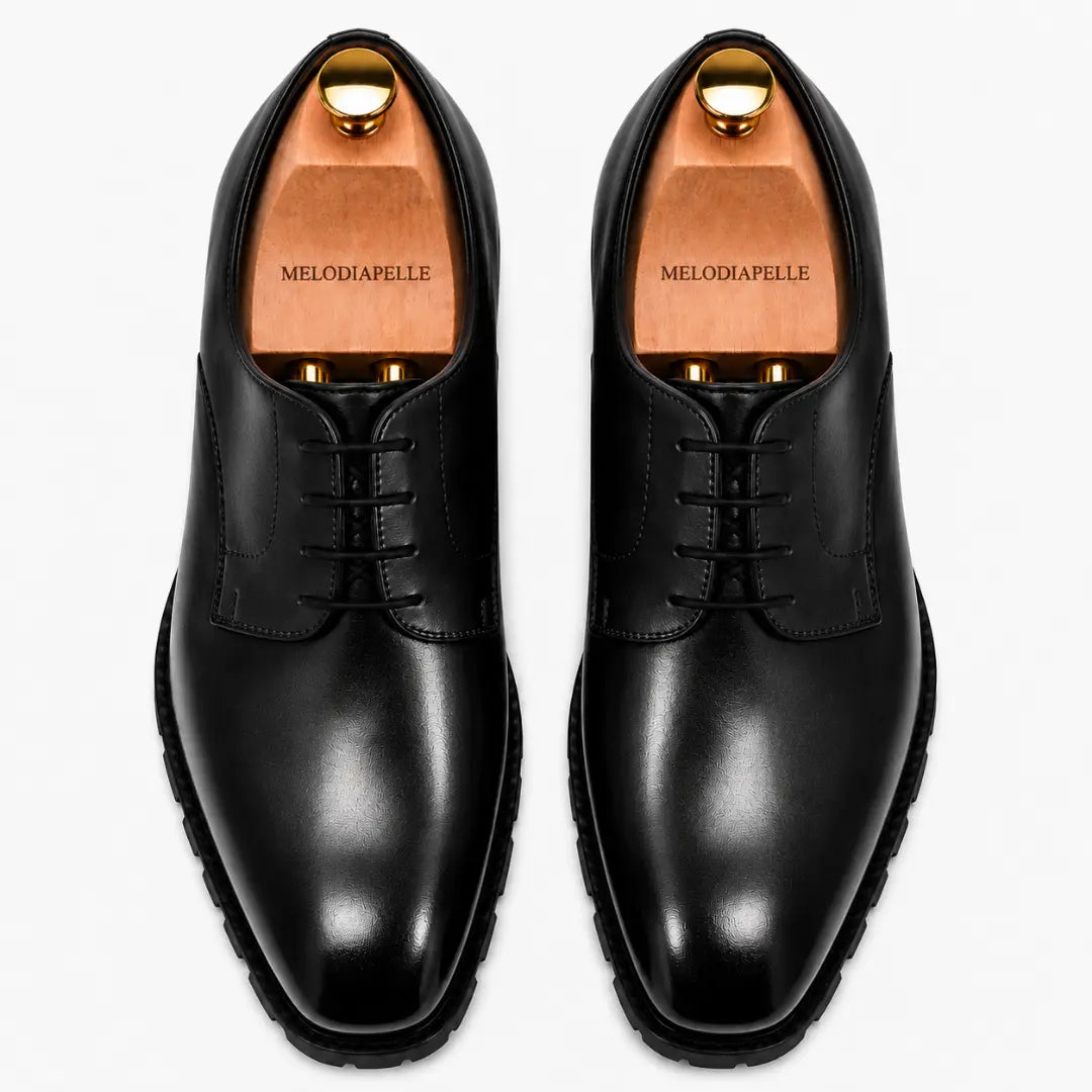 Melodiapelle Marlboro Derby Shoes in black leather, pair top-down view, handcrafted in Agra