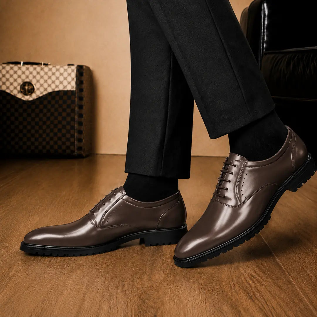 Melodiapelle Marlboro Derby Shoes in dark brown leather worn with formal trousers, on-feet shot