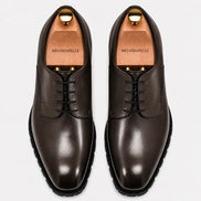 Melodiapelle Marlboro Derby Shoes in dark brown leather, pair top-down view, handcrafted in Agra