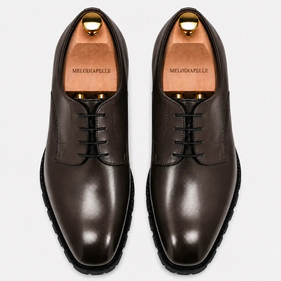 Melodiapelle Marlboro Derby Shoes in dark brown leather, pair top-down view, handcrafted in Agra