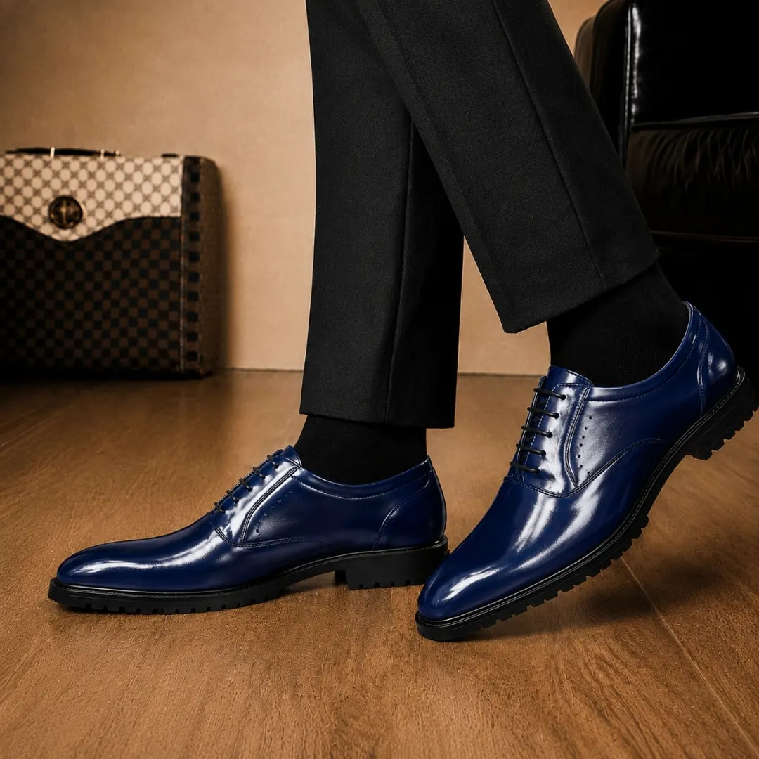 Melodiapelle Marlboro Derby Shoes in navy blue leather worn with formal trousers, on-feet shot
