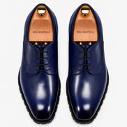 Melodiapelle Marlboro Derby Shoes in navy blue leather, pair top-down view, handcrafted in Agra