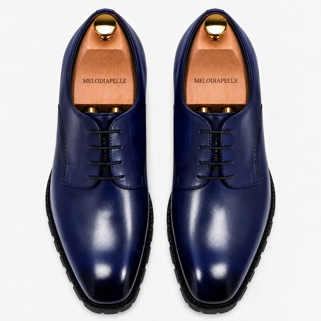 Melodiapelle Marlboro Derby Shoes in navy blue leather, pair top-down view, handcrafted in Agra