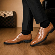 Melodiapelle Marlboro Derby Shoes in tan leather worn with formal trousers, on-feet shot