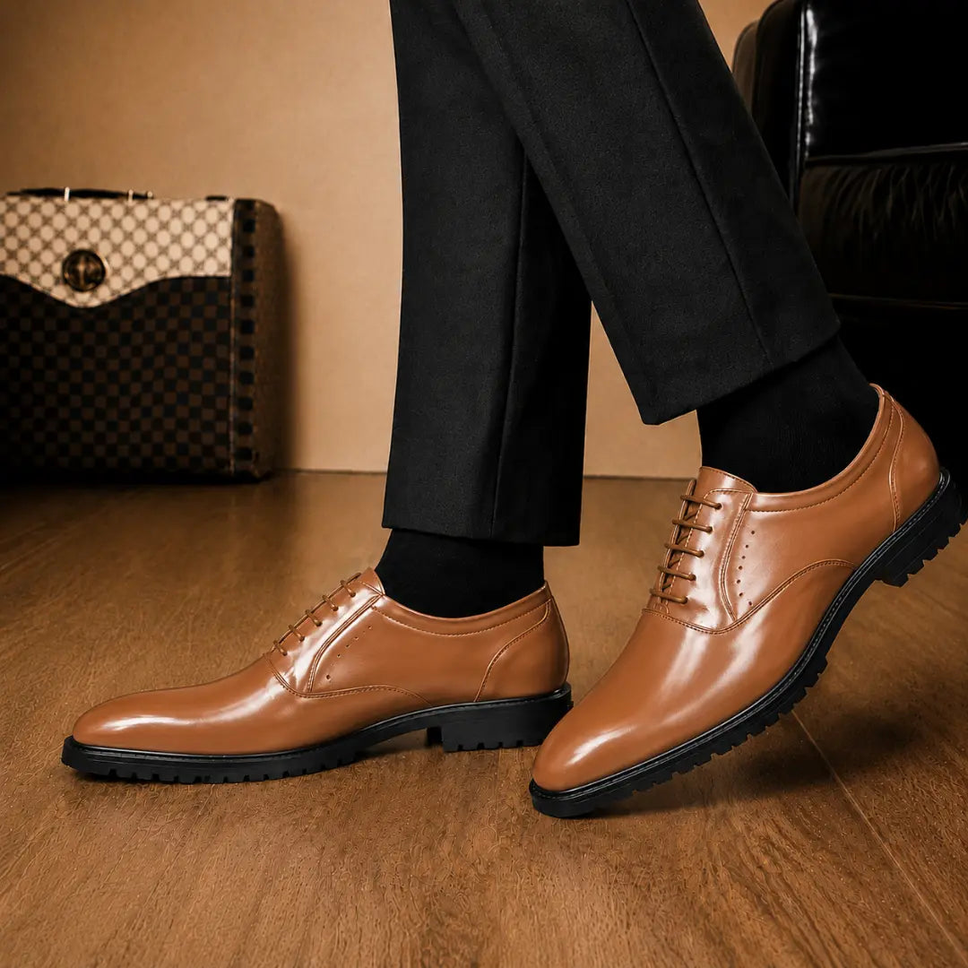 Melodiapelle Marlboro Derby Shoes in tan leather worn with formal trousers, on-feet shot