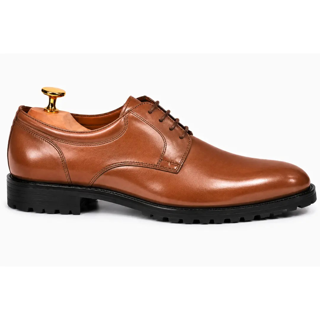 Side profile of the Marlboro Derby Shoes in tan leather on white background