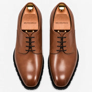 Melodiapelle Marlboro Derby Shoes in tan leather, pair top-down view, handcrafted in Agra
