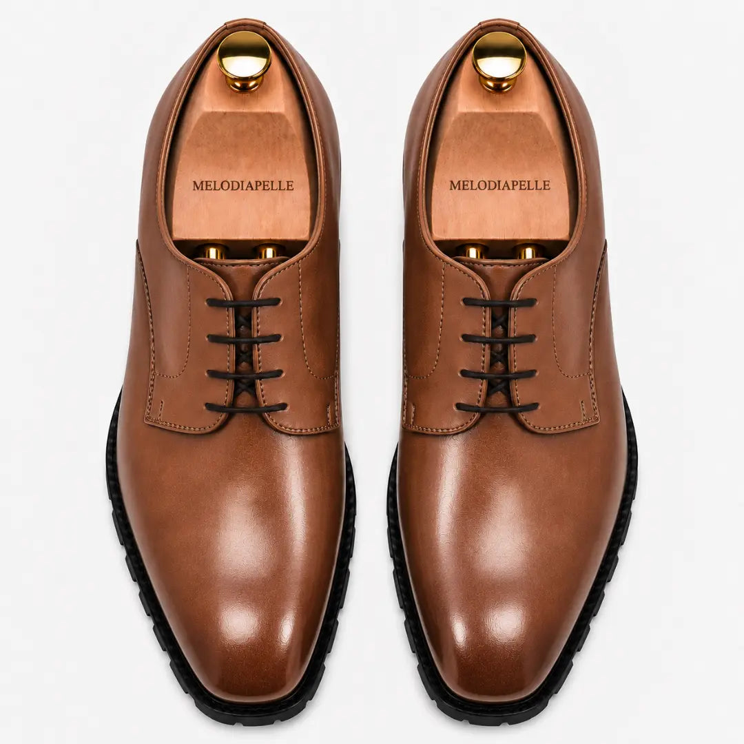 Melodiapelle Marlboro Derby Shoes in tan leather, pair top-down view, handcrafted in Agra