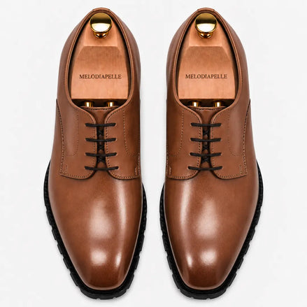 Melodiapelle Marlboro Derby Shoes in tan leather, pair top-down view, handcrafted in Agra