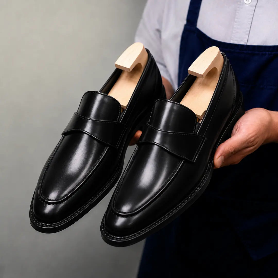 Man holding a pair of Melodiapelle Marquis Dress Penny Loafer shoes in black leather, close-up
