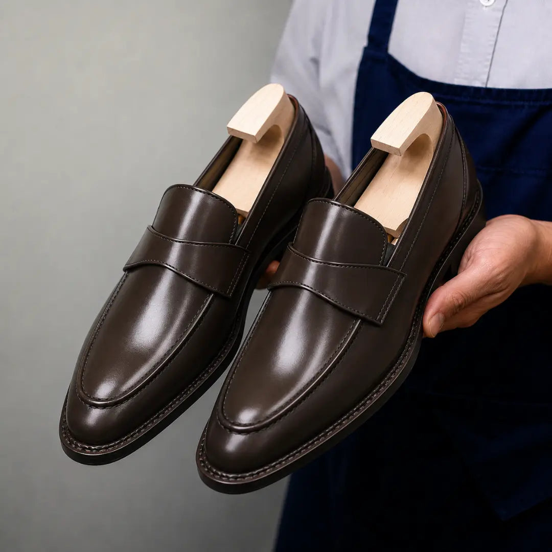 Man holding a pair of Melodiapelle Marquis Dress Penny Loafer shoes in brown leather, close-up