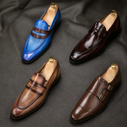 Melodiapelle Marquis Dress Penny Loafer collection in oxblood, brown, tan and black leather, handcrafted dress penny loafer shoes displayed together