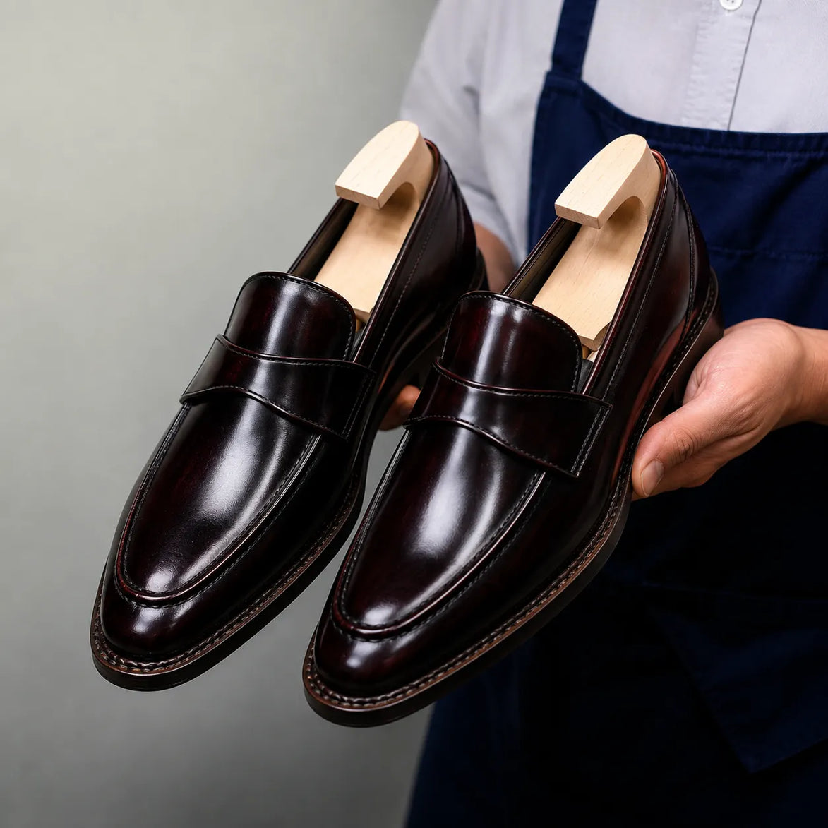 Man holding a pair of Melodiapelle Marquis Dress Penny Loafer shoes in oxblood burgundy leather, close-up