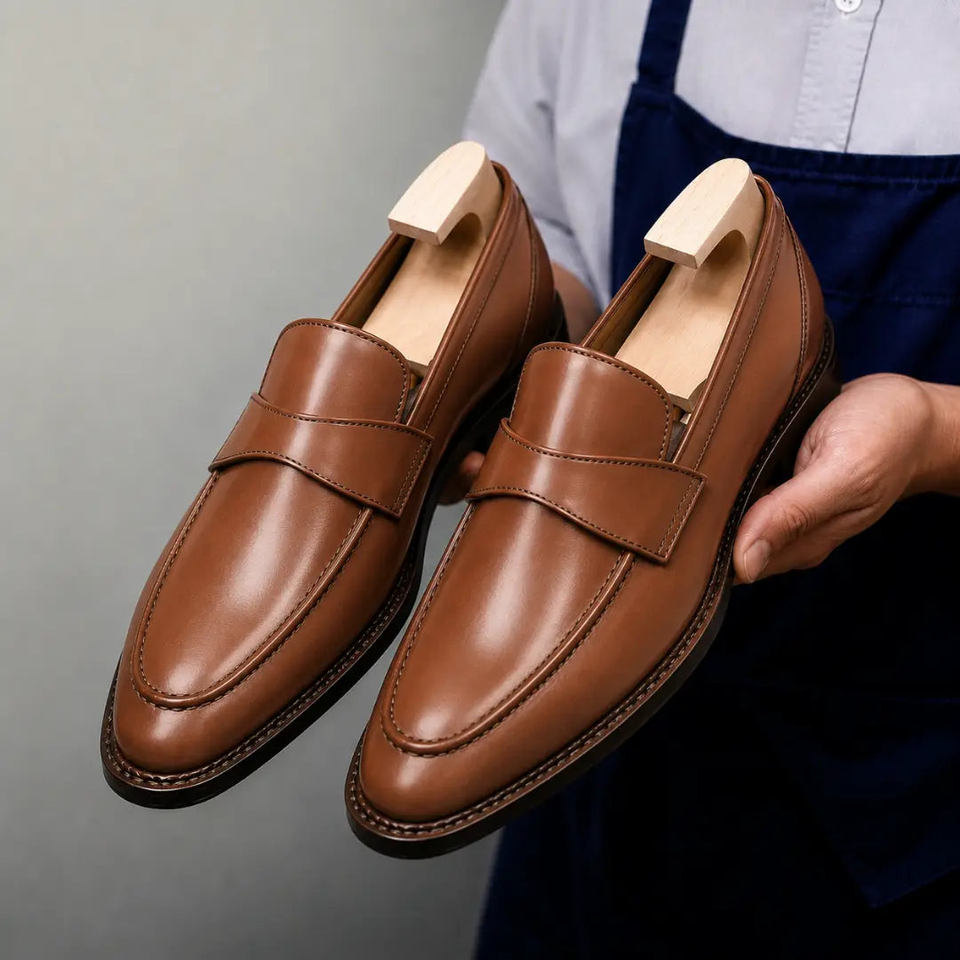 Man holding a pair of Melodiapelle Marquis Dress Penny Loafer shoes in tan leather, close-up