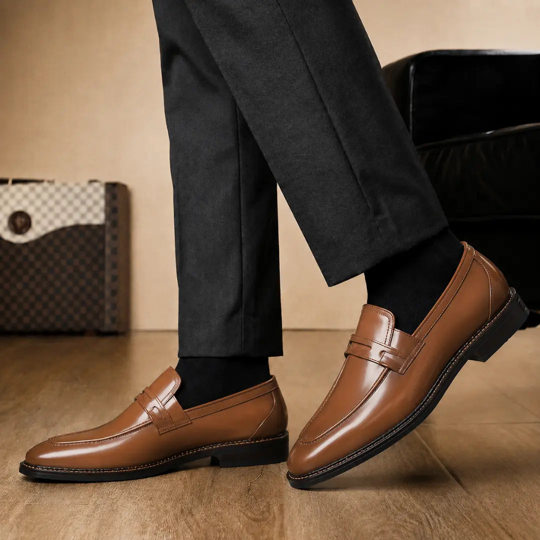 Melodiapelle Marquis Dress Penny Loafer in tan leather worn with formal trousers, on-feet shot