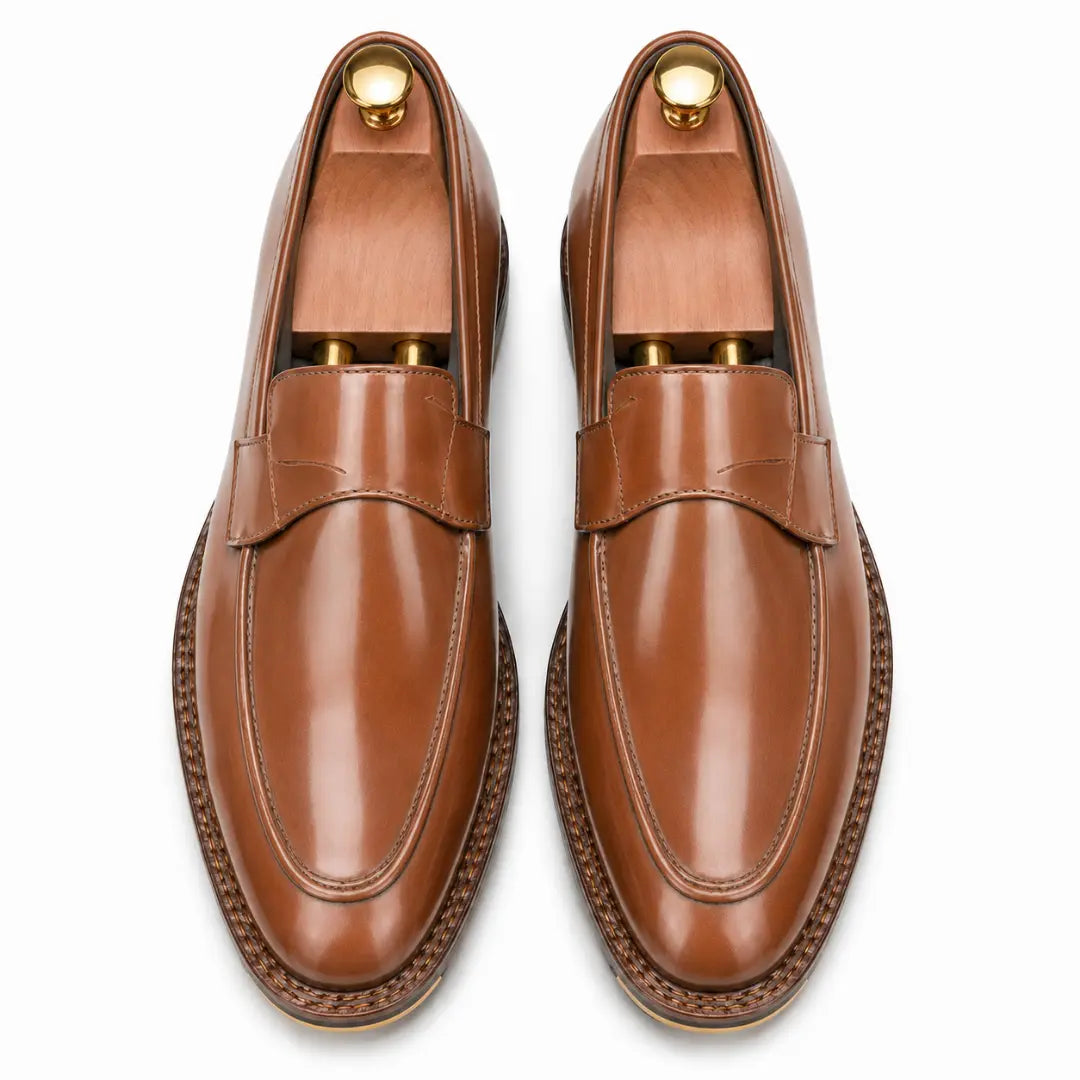 Melodiapelle Marquis Dress Penny Loafer in tan leather, pair top-down view, handcrafted in Agra