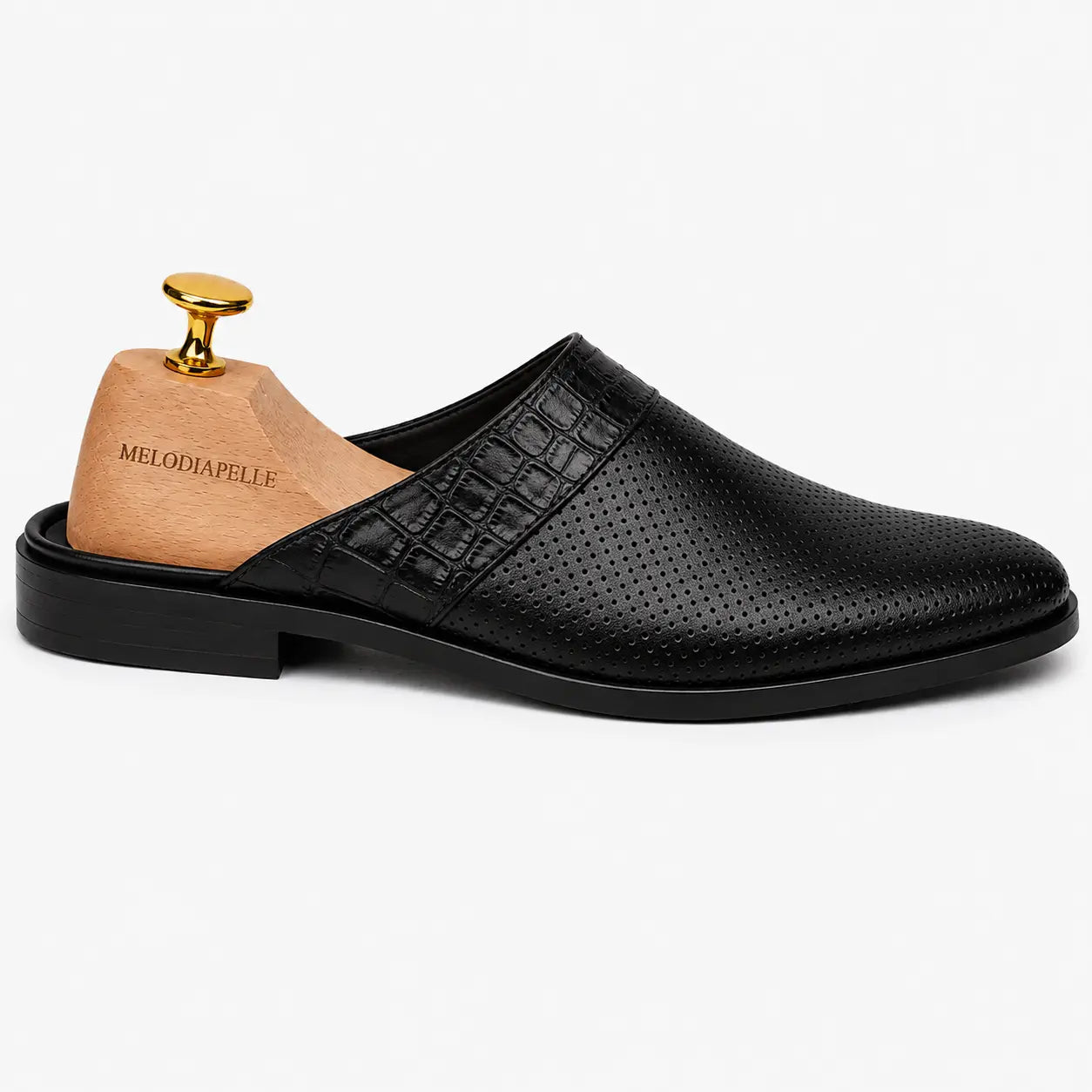 Side profile of the Marshall Mule in black leather on white background