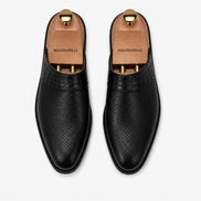 Melodiapelle Marshall Mule in black leather, pair top-down view, handcrafted in Agra