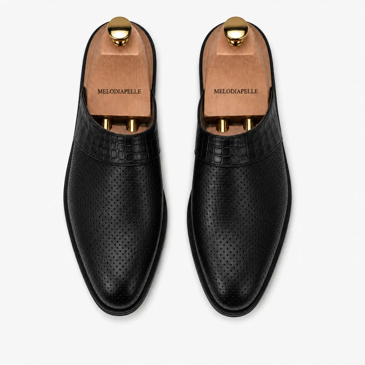 Melodiapelle Marshall Mule in black leather, pair top-down view, handcrafted in Agra