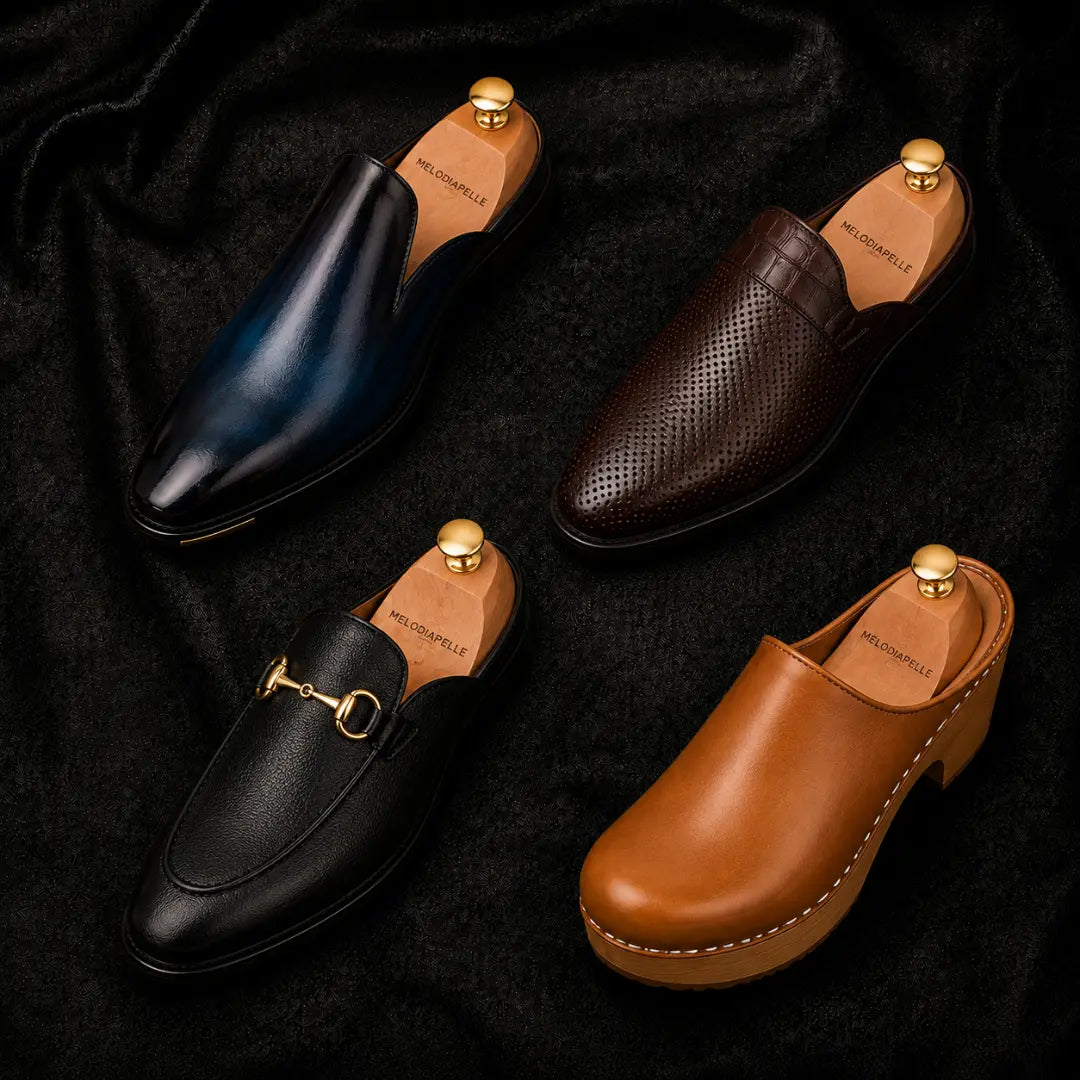 Melodiapelle Marshall Mule collection in dark brown, black and tan leather, handcrafted perforated buckle mules displayed together