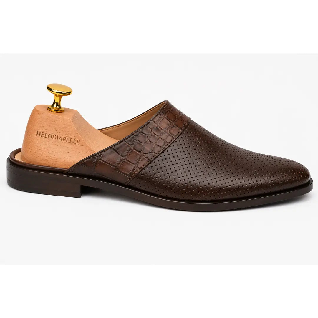 Side profile of the Marshall Mule in dark brown leather on white background