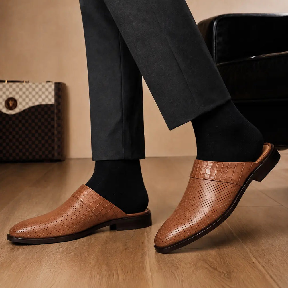 Melodiapelle Marshall Mule in tan leather worn with trousers, on-feet shot