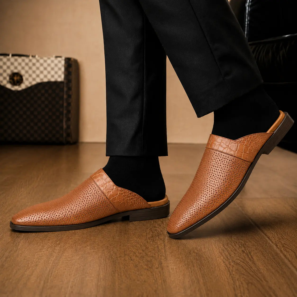 Melodiapelle Marshall Mule in tan leather worn with trousers, on-feet shot