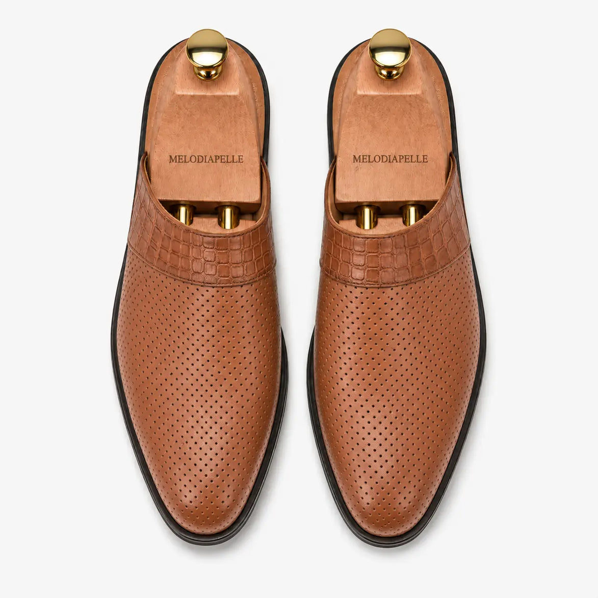 Melodiapelle Marshall Mule in tan leather, pair top-down view, handcrafted in Agra