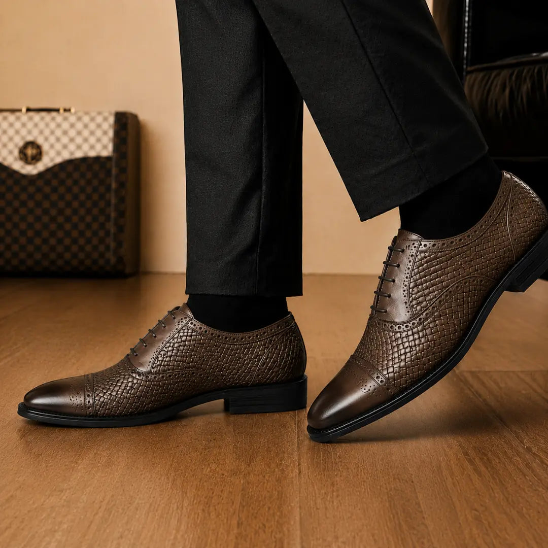 Melodiapelle Marshfield Wingtip Brogue Oxford in brown leather worn with formal trousers, on-feet shot