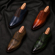 Melodiapelle Marshfield Wingtip Brogue Oxford collection in khaki, brown and black leather, handcrafted wingtip brogue Oxford shoes displayed together