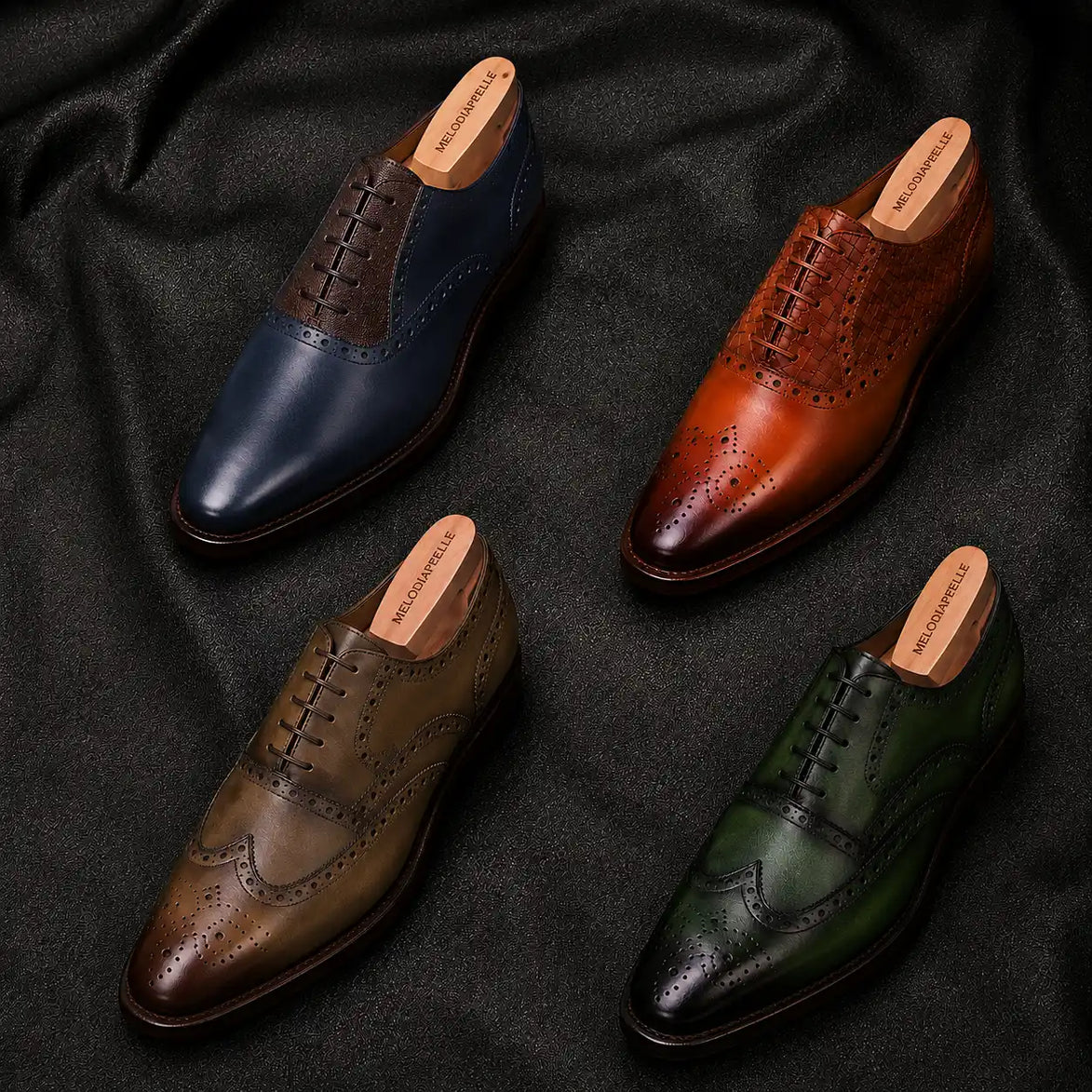Melodiapelle Marshfield Wingtip Brogue Oxford collection in khaki, brown and black leather, handcrafted wingtip brogue Oxford shoes displayed together